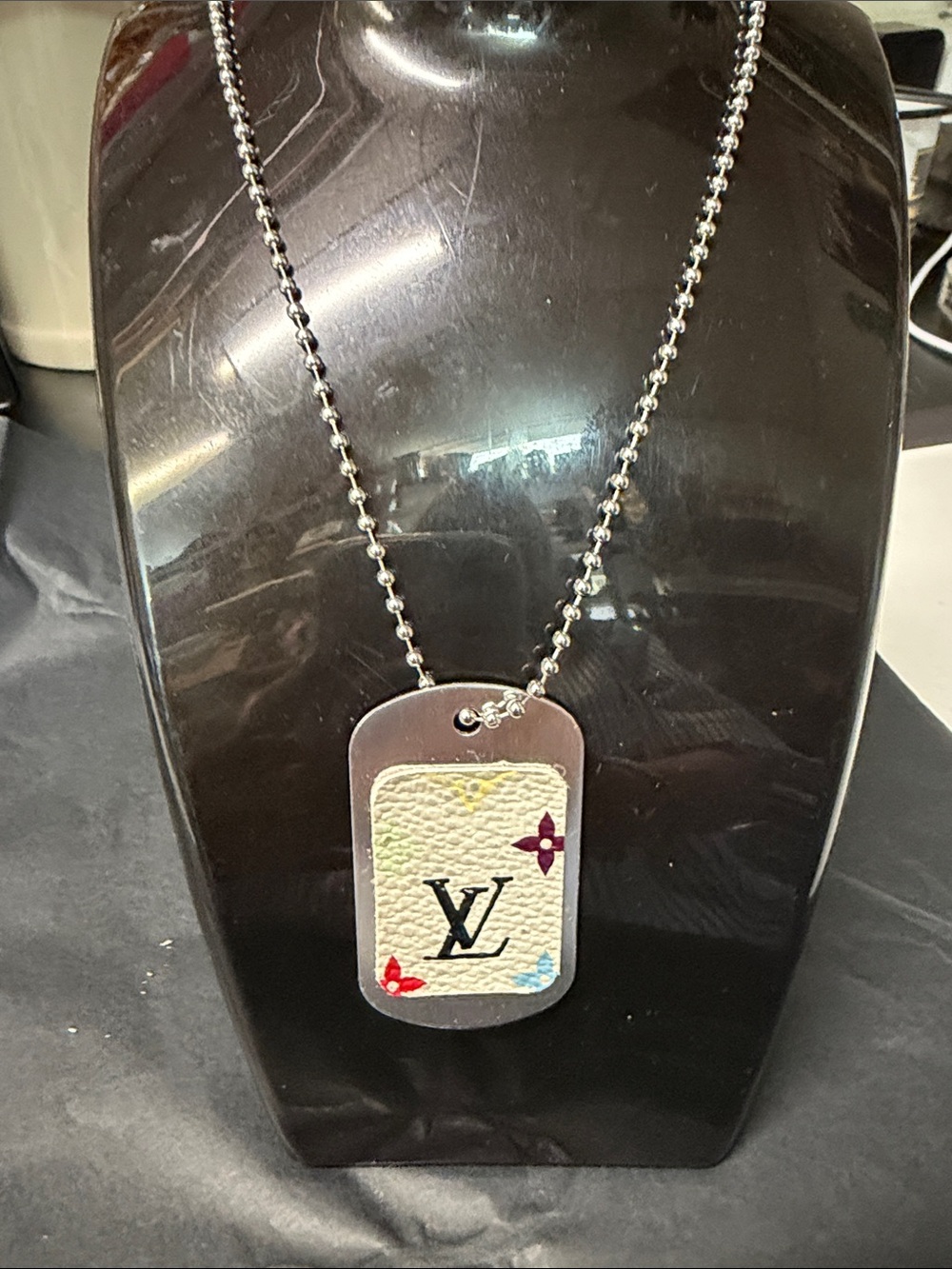 Up cycled Louis Vuitton White Multicolor Monogram Dog Tag Necklace